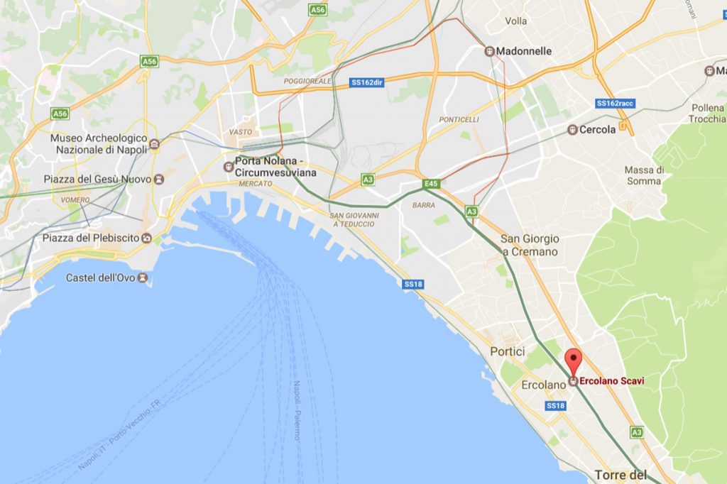 Trasa kolejki Circumvesuviana z zaznaczoną stacją Ercolano Scavi / Google Maps