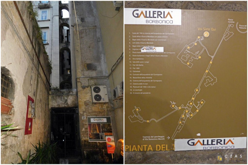 Uliczka z wejściem do Galleria Borbonica / Plan podziemi