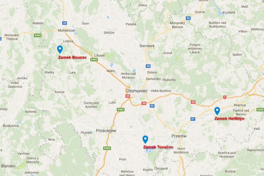 Lokalizacja opisywanych zamków / Google Maps