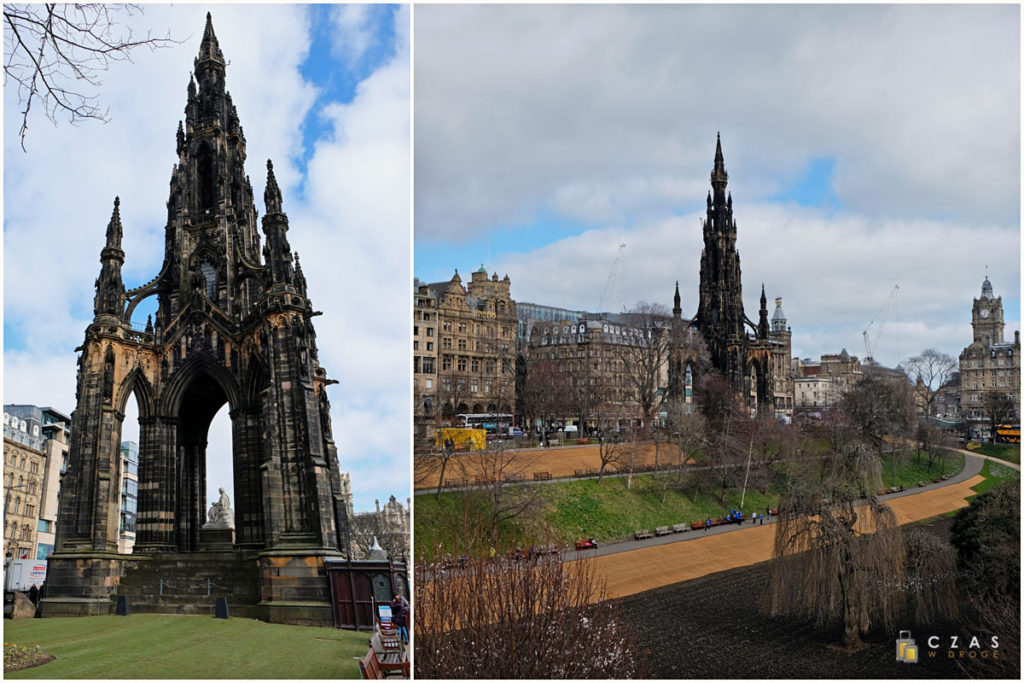 Scott Monument w całej okazłości oraz widziany z okolicy National Gallery of Scotland